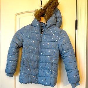 Blue with stars puffer with fur trim hood